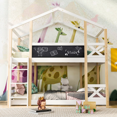 Sweiko - Lit cabane avec échelle 90 x 200 cm, lit mezzanine pour enfants- 2x sommier- Nature & Blanc Sweiko - Le meilleur de nos Marchands Maison