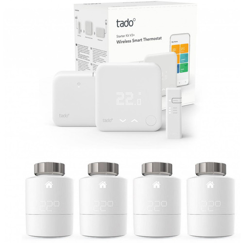 Tado - Kit de démarrage V3+ - Thermostat Intelligent sans fil + 4x Têtes Thermostatiques Intelligentes - Quattro Pack Tado - Appareils compatibles Google Assistant