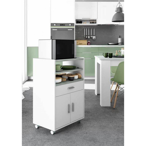 Meubles de cuisine Alter Meuble d'appoint pour cuisine à roulettes, une étagère coulissante, un tiroir et deux portes, coloris blanc, 59 x 92 x 40 cm.