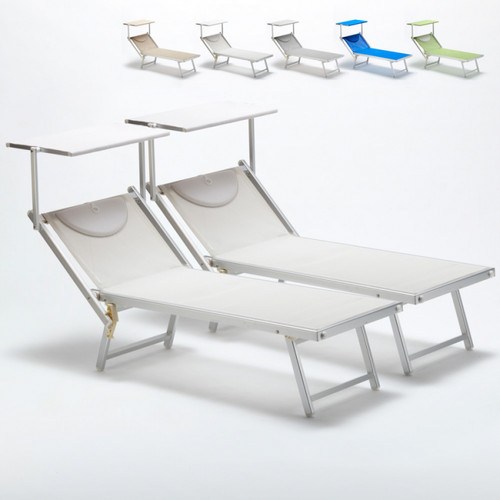 Transats, chaises longues Beach And Garden Design Bain de soleil professionnels transat aluminium lits de plage Italia 2 pièces, Couleur: Blanc