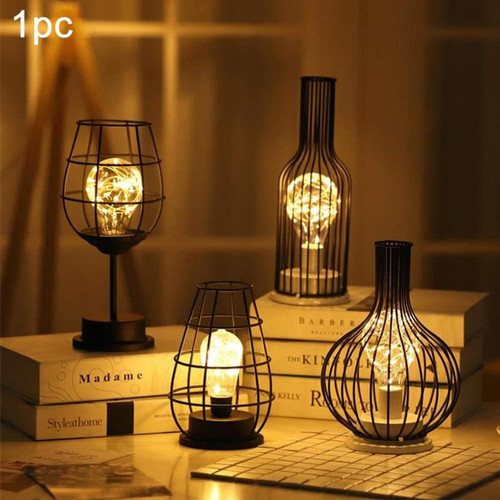 Lampes à poser BESTA Lampe de table en fil de métal noir, veilleuse de style panier en fer moderne, lampe de chevet rétro à piles