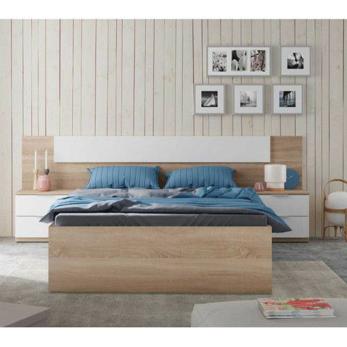 Dansmamaison - Tête de lit avec chevets Chêne et Blanc - NEEN Dansmamaison - Literie Beige, bois foncé