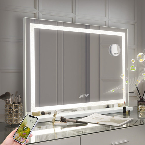 Miroirs FENCHILIN Bluetooth Miroir de maquillage 80x58cm - Bande lumineuse LED - Sur Pied - Blanc