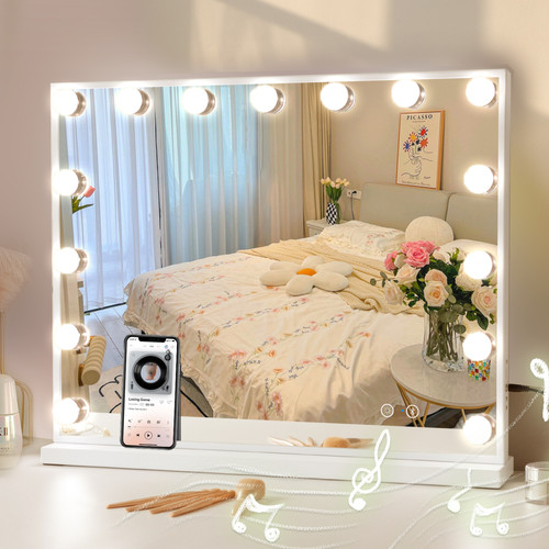 FENCHILIN - Bluetooth Miroir de maquillage 58x46cm LED Sur pied Blanc FENCHILIN - Miroirs Sur pied