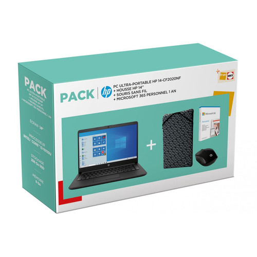 PC Portable Hp PACK HP 14-cf2020nf + Housse + Souris + Microsoft 365 Personnel 1 an