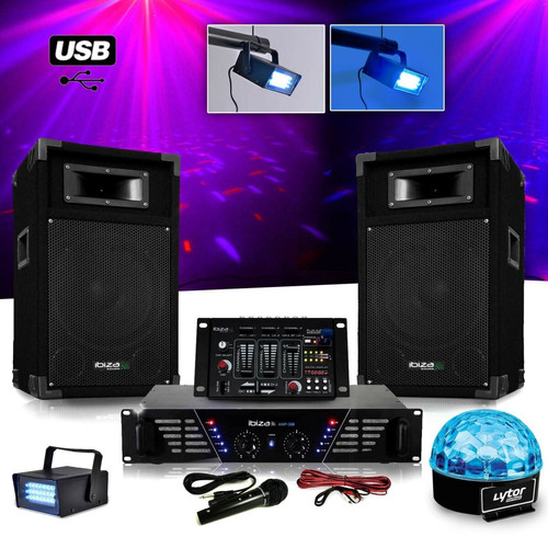 Packs DJ Ibiza Sound Pack Sono DJ complet ampli + enceintes 500W + Table de mixage + LIGHT SIXMAGIC LED RVB + LEDSTROBE
