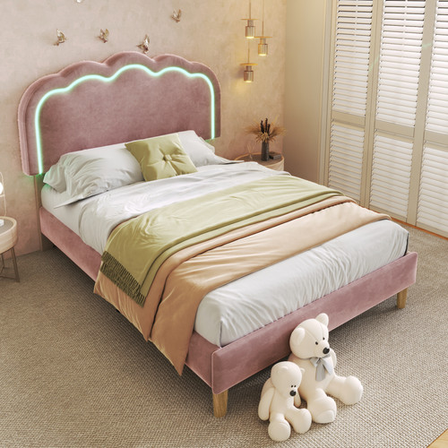 KOMHTOM - Lit rembourré Rose lit simple LED 90 x 200 cm, cadre de lit avec support à nouilles plat et tête de lit réglable KOMHTOM  - Chambre Enfant