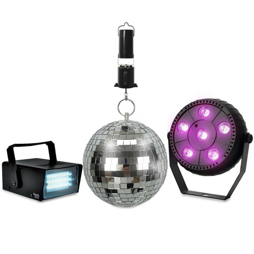 Effets à LED Koolstar Pack Jeux de lumlères KOOLSTAR PACKDISCO Mini Strobe 24 LED - PAR SLIM à 6 LED Full couleur - Boule à facettes 16cm 6" + Moteur