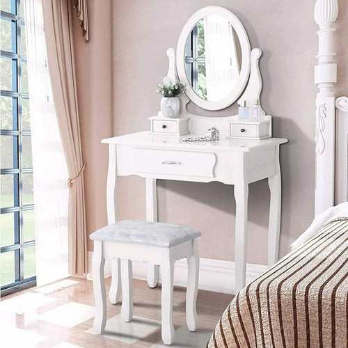 LBF - Coiffeuse blanche avec tabouret, miroir, 3 tiroirs, 40 x 75 x 136 cm, style maison de campagne, pour femme et fille, en bois MDF blanche LBF  - Coiffeuse
