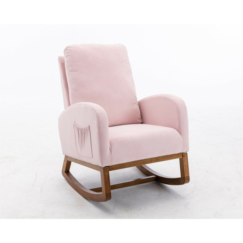 Fauteuils LBF Chaise à bascule rembourrée avec dossier haut et poche latérale, assise rembourrée avec base en bois de caoutchouc, fauteuil inclinable pour salon, chambre, 100 x 68 x 93 cm, rose