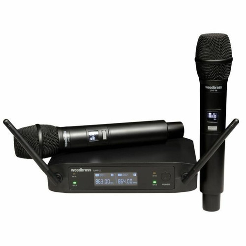 Micros sans fil marque generique WOODBRASS Microphone sans Fil Système 2 x Micro UHF Portable à main pour Karaoké, Pro, DJ, Animation, Mariage, Conférence (2M-F1-3)