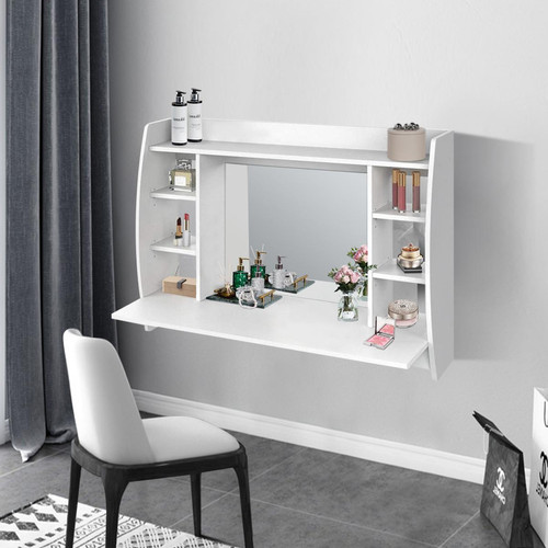ML design modern living - Table de coiffeuse de maquillage suspendue murale  blanc avec miroir et étagères ML design modern living - ML design modern living