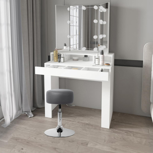 ML design modern living - Table de maquillage blanc coiffeuse avec 3 miroirs et LEDs + tabouret gris foncé ML design modern living - ML design modern living