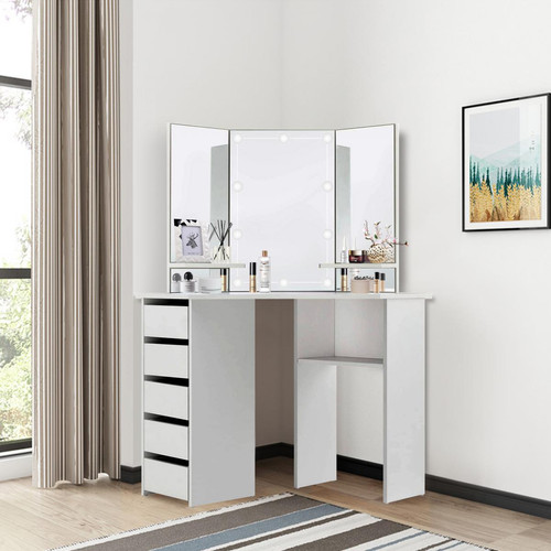 ML-Design - Table de coiffeuse maquillage blanc avec miroir éclairage LED tiroirs étagères ML-Design - Chambre Blanc, brun gris