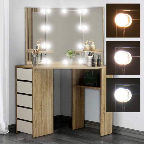 ML-Design - Table de coiffeuse maquillage sonoma avec miroir éclairage LED tiroirs étagères ML-Design - ML-Design