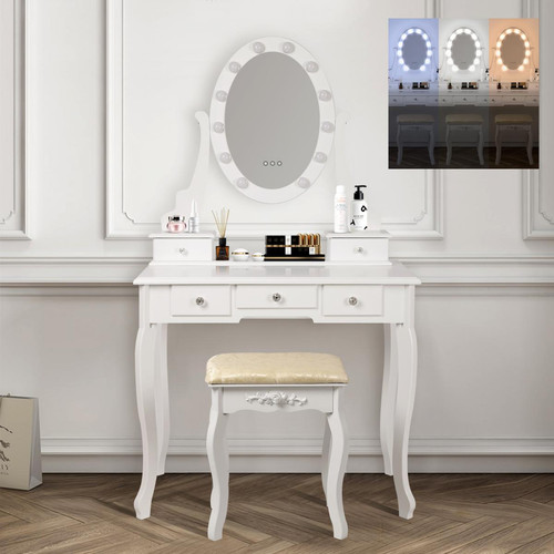 Coiffeuse ML-Design Table de maquillage coiffeuse blanc avec éclairage LED miroir et tabouret en MDF