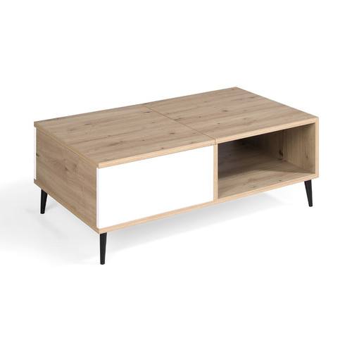 Tables basses Pegane Table basse relevable en bois coloris chêne/blanc avec pieds en métal laqué noir - Longueur 100 x Profondeur 60 x Hauteur 37-48.5 cm