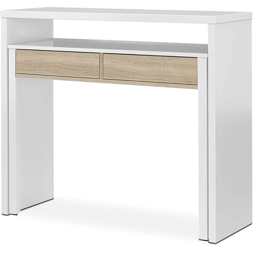 Bureaux Pegane Table console extensible convertible en bureau coloris blanc et chêne - Hauteur 88 x longueur 99 x Profondeur 36-70 cm