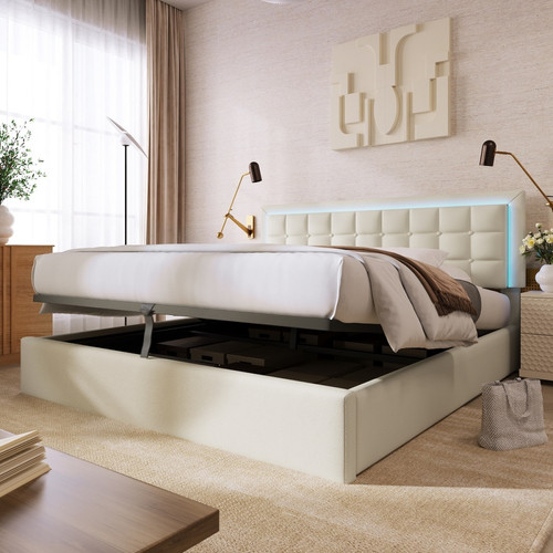 Cadres de lit Sweiko Lit LED adulte Lit coffre Cadre de lit avec espace de rangement  Lit double 160x200 cm Blanc
