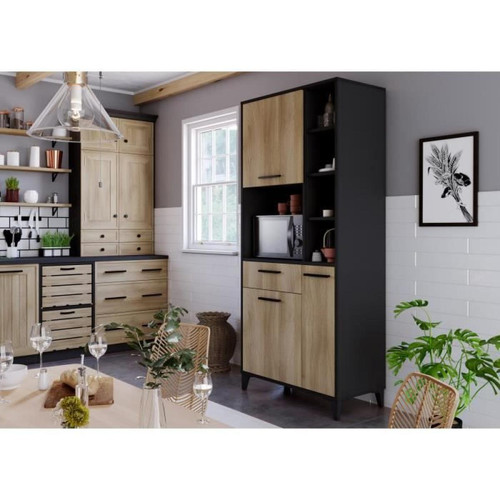 Tbs - Buffet haut de cuisine ECO - 3 portes et 1 tiroir - Mélamine chêne et noir - L 80 x P 40 x H 178 cm Tbs  - Meubles de cuisine