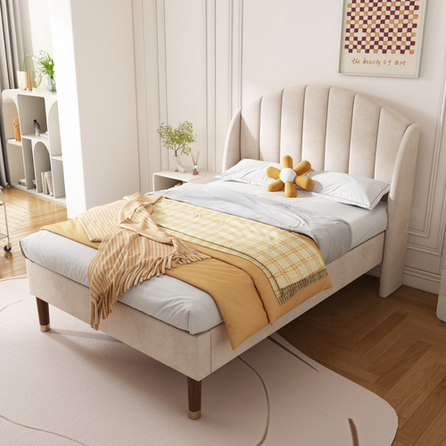 Universal - lit ado, lit simple, tête de lit capitonnée, support à lattes en bois, velours, Beige 90*200cm Universal - Universal
