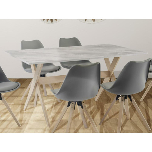 Tables d'appoint Vente-Unique Table à manger 6 couverts en MDF et hêtre - Blanc et naturel clair - SERANI