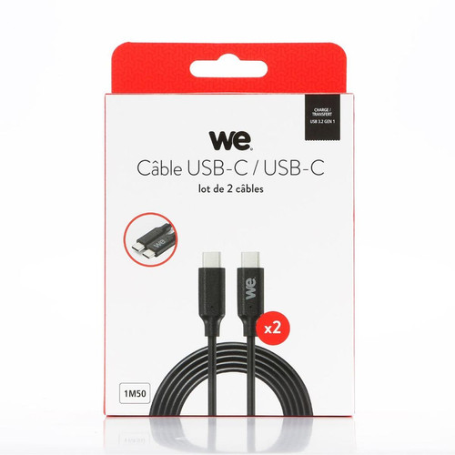 Câble antenne We WE Lot de 2 câbles USB-C/USB-C - 1,50m - USB 3.2 gen 1 - Charge 3A - Transferts jusqu'à 5Gbps - Noir