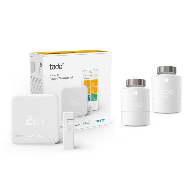 Tado - Kit de démarrage V3+ - Thermostat Intelligent + Bridge Internet + 2 têtes thermostatique Tado - Appareils compatibles Google Assistant