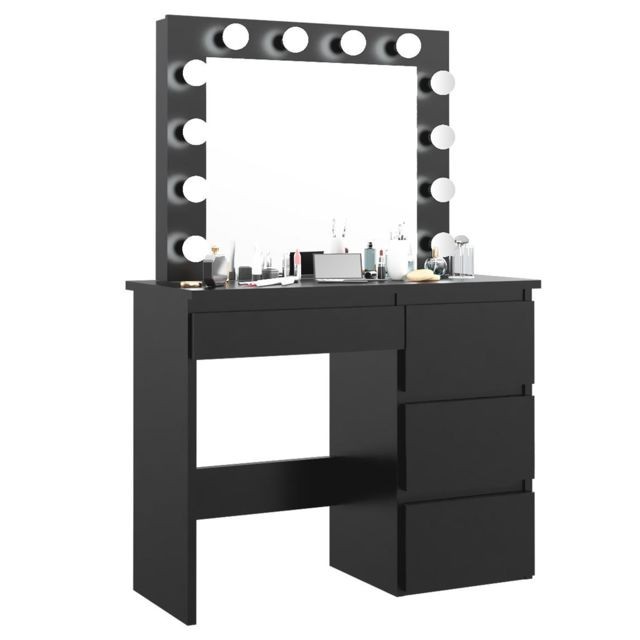 Coiffeuse Pegane Coiffeuse avec 4 tiroirs et miroir LED coloris noir - H75 x L94 x P43 cm