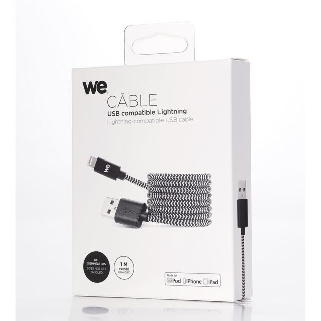 Câble antenne We WE Câble USB-C vers Lightning 1m avec Charge Rapide Power Delivery pour iPhone 11/11 Pro/XS/XR/X/8, iPad Mini 5, iPad Air 2019 en Nylon - Noir